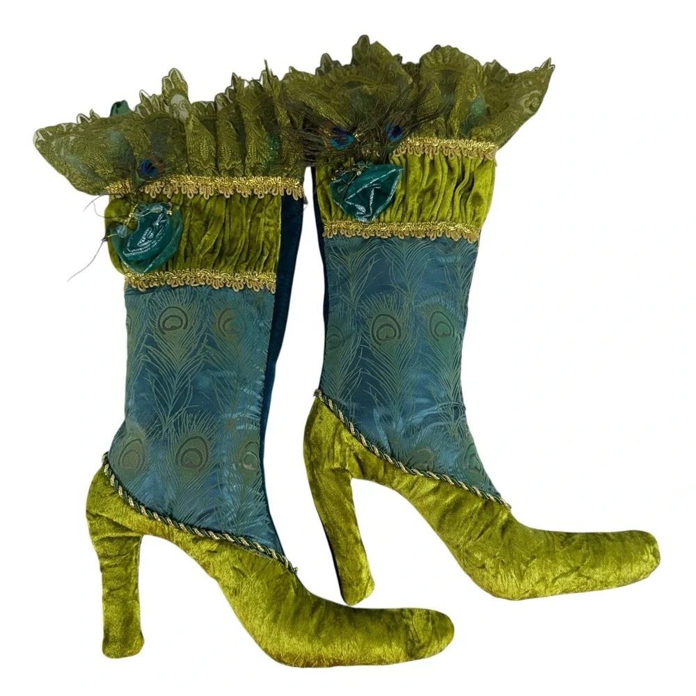 Pier 1 Peacock Boot Stockings Set Of 2 Victorian Velvet Glam Fancy Christmas‎